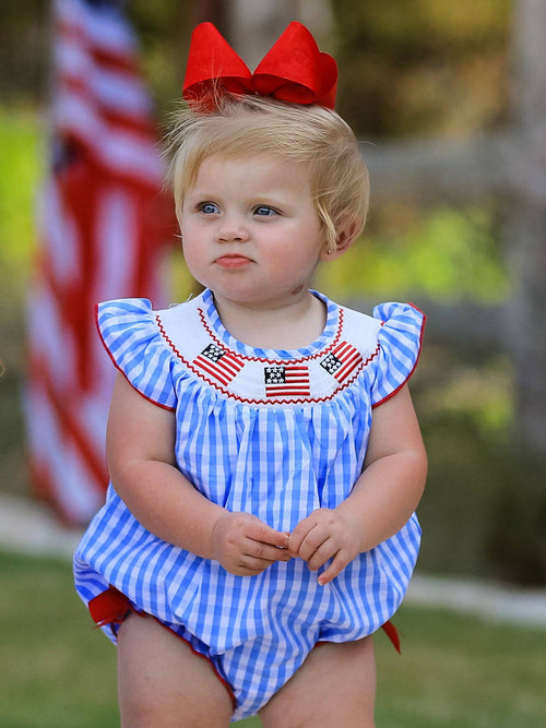 4th of July Flag Embroidery Smocking Girls Romper