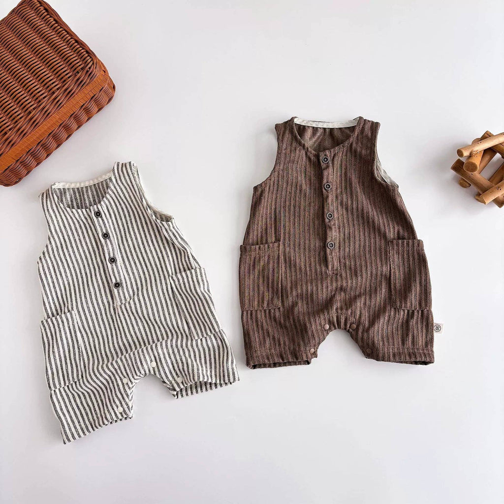 Blue Unisex Sleeveless Striped Pattern Romper