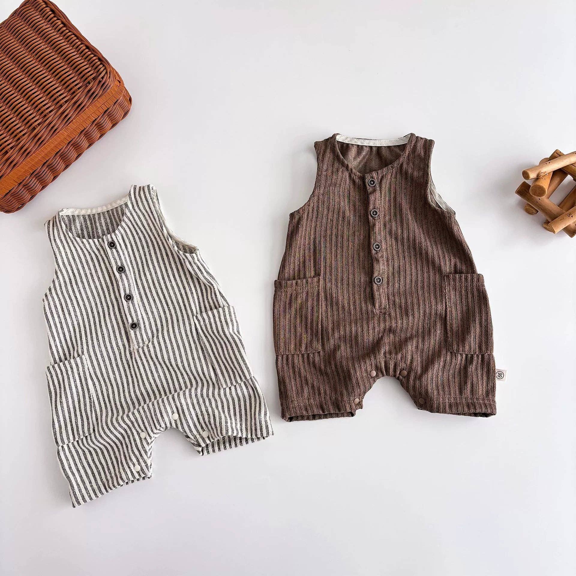 Blue Unisex Sleeveless Striped Pattern Romper