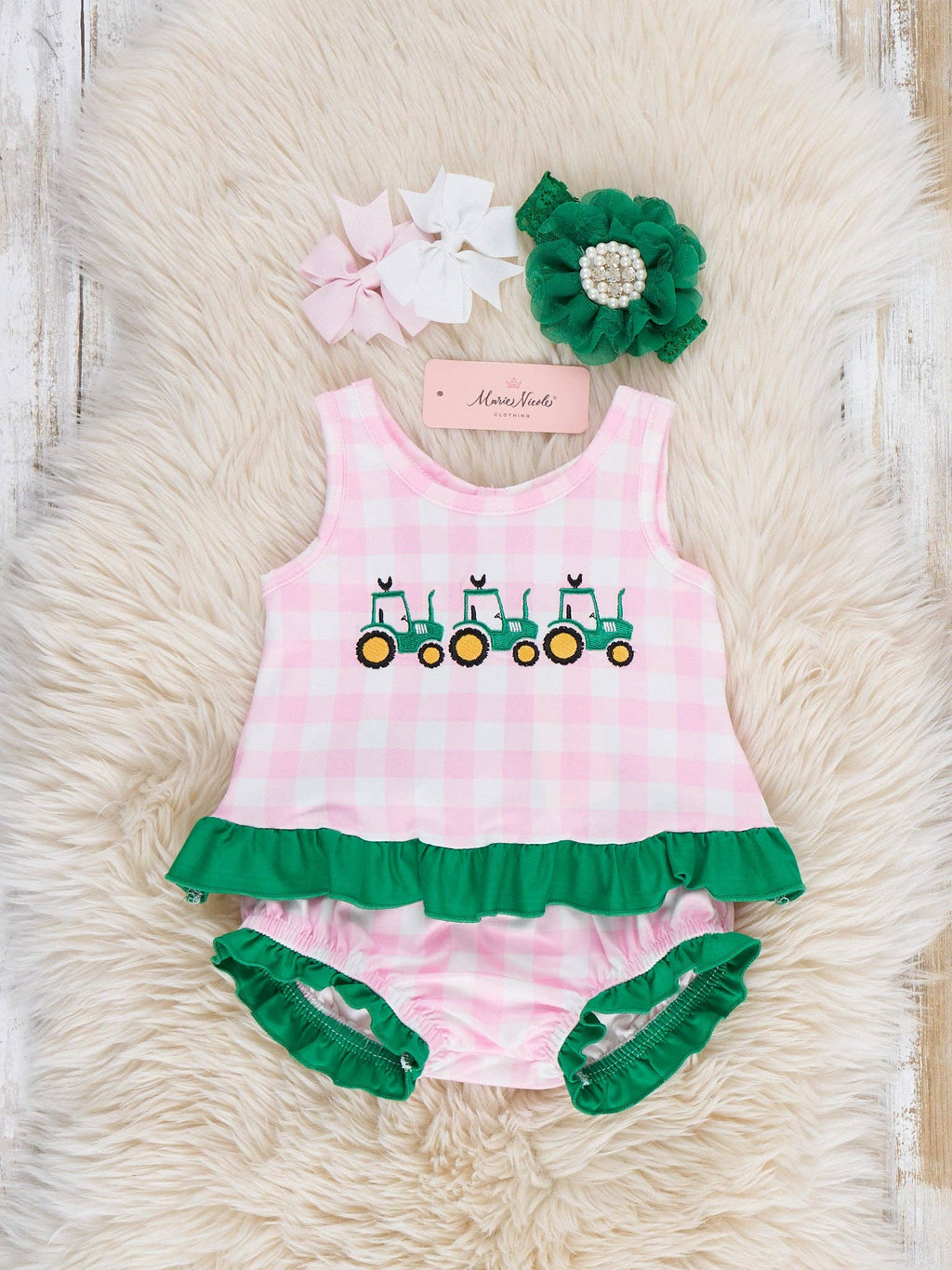 Little Farmer’s Fun Embroidered Plaid Bloomers Outfit