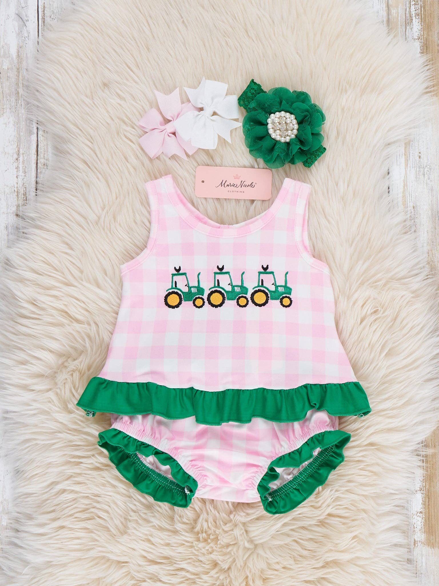 Little Farmer’s Fun Embroidered Plaid Bloomers Outfit