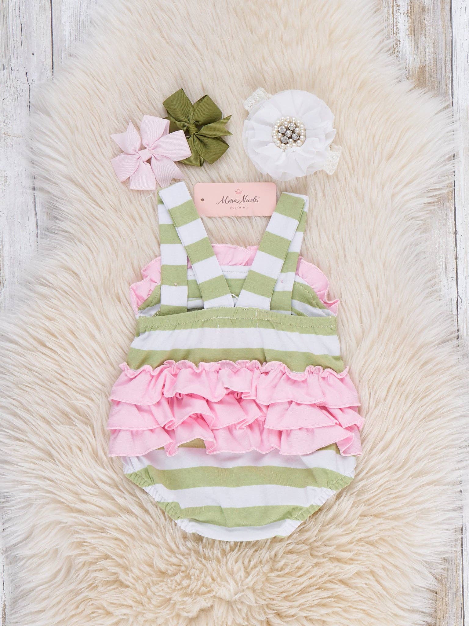 Ribbon Warren Stripe Embroidered Cotton Bubble Romper