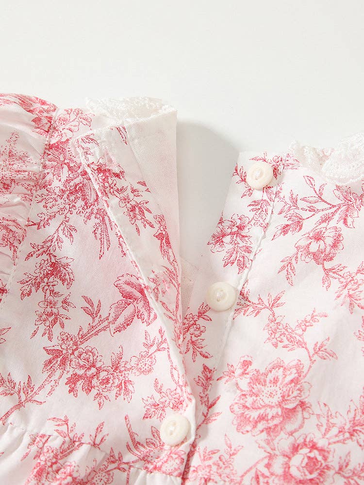 Baby Girls Pink Flower Pattern Lace-Trim Collar Bodysuit
