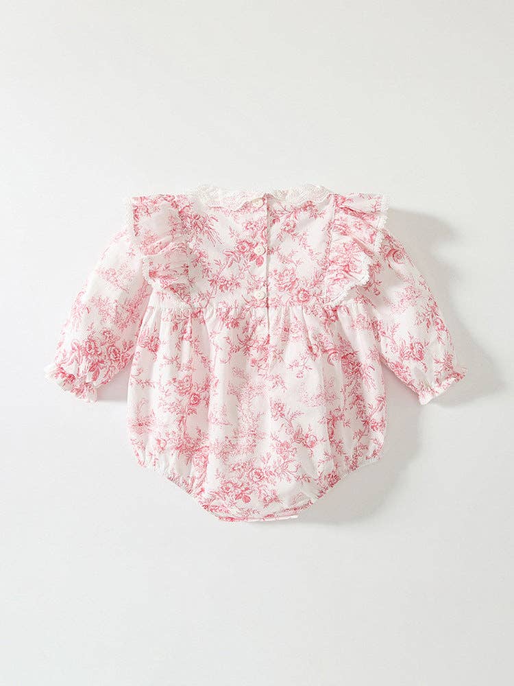 Baby Girls Pink Flower Pattern Lace-Trim Collar Bodysuit