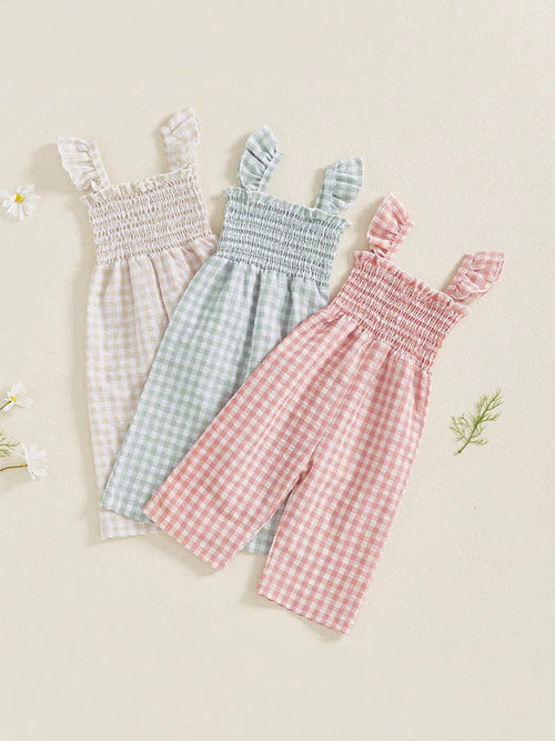 Baby Girls Green Short Flutter Sleeves Smocked Cotton Jumpsuit