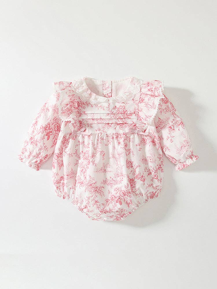 Baby Girls Pink Flower Pattern Lace-Trim Collar Bodysuit