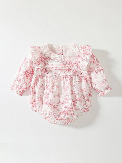 Baby Girls Pink Flower Pattern Lace-Trim Collar Bodysuit