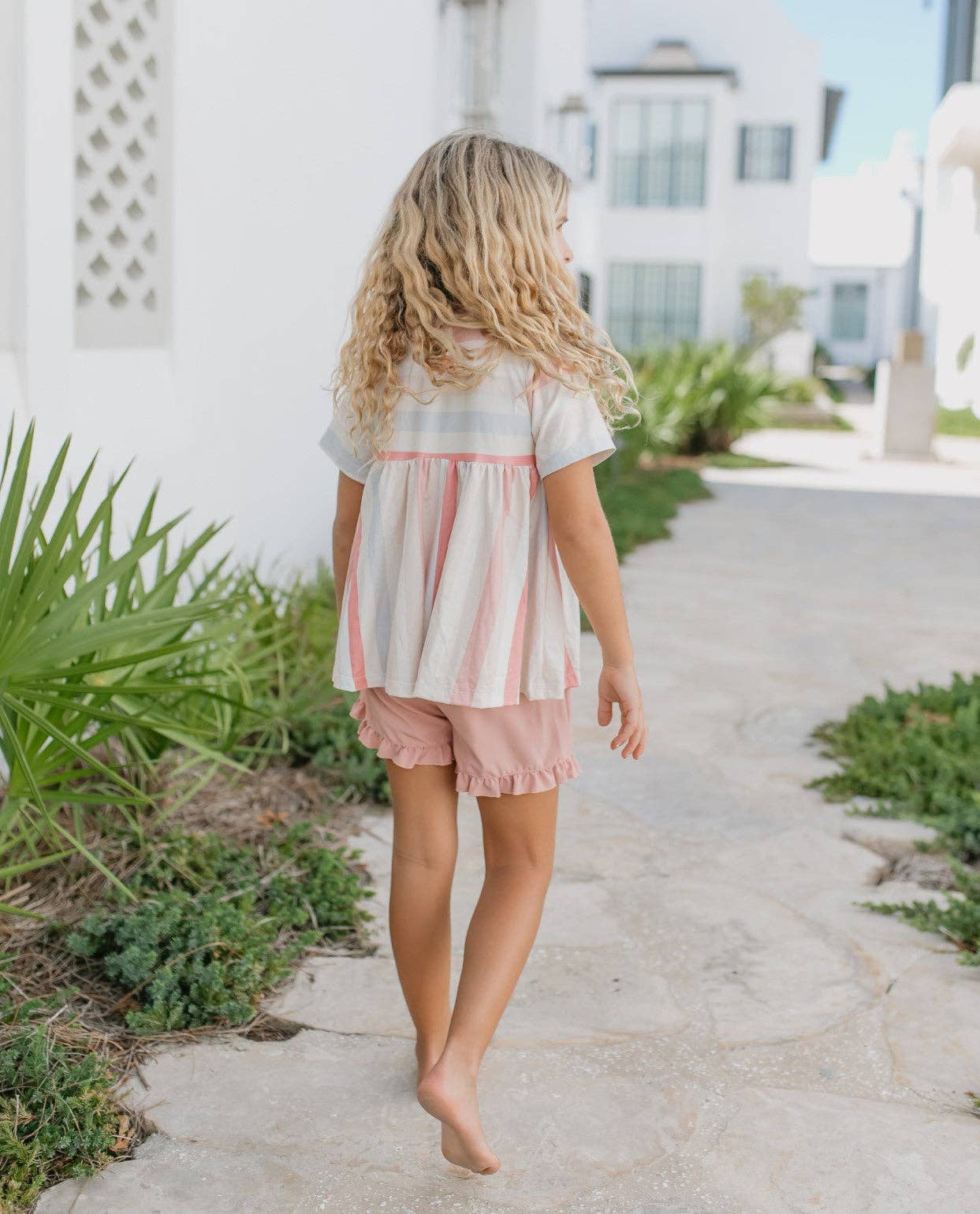 Kids Sand Blush Stripe Pocket Ruffle Short Set