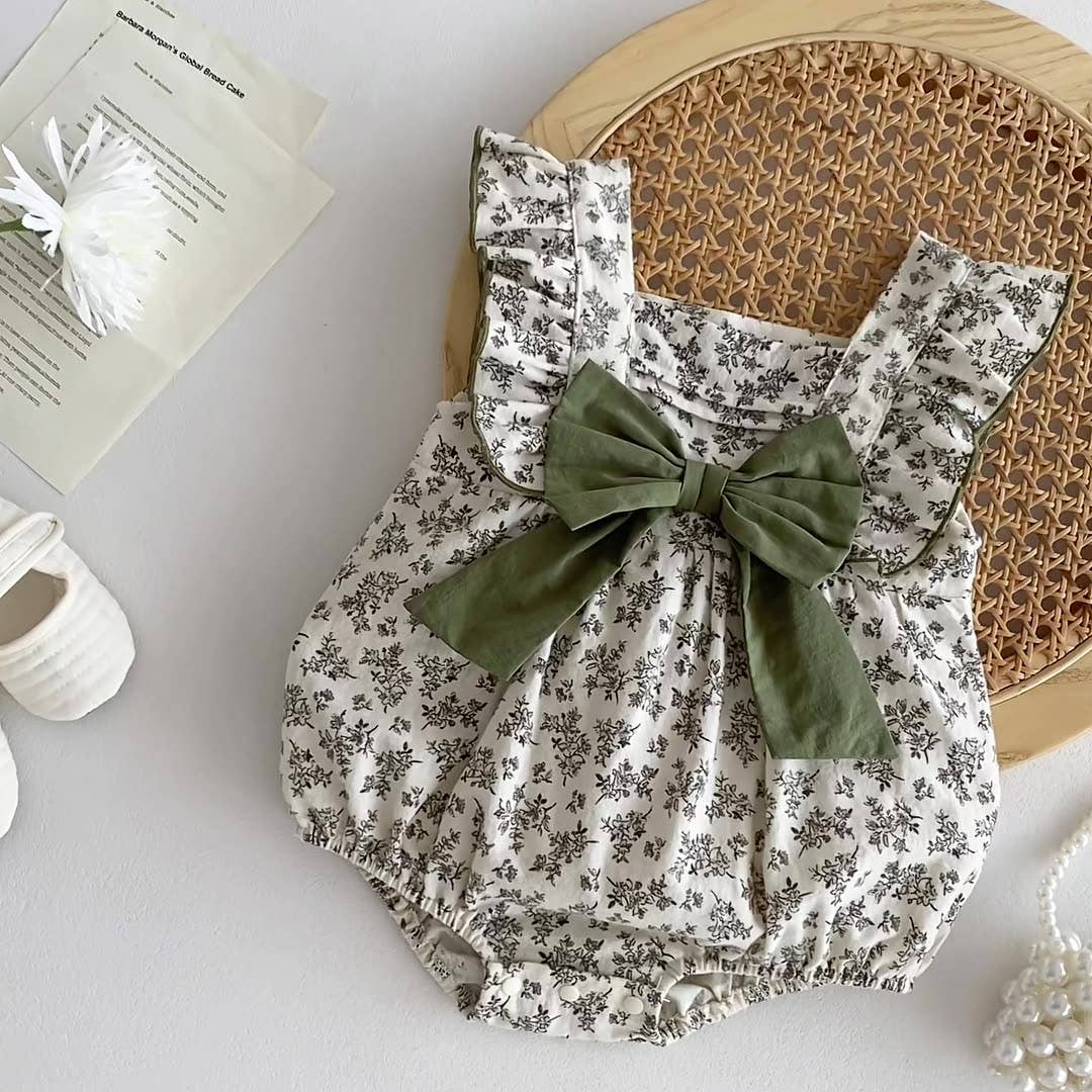 Baby Girls Sleeveless Square Neck Biege Floral Print Bodysuit