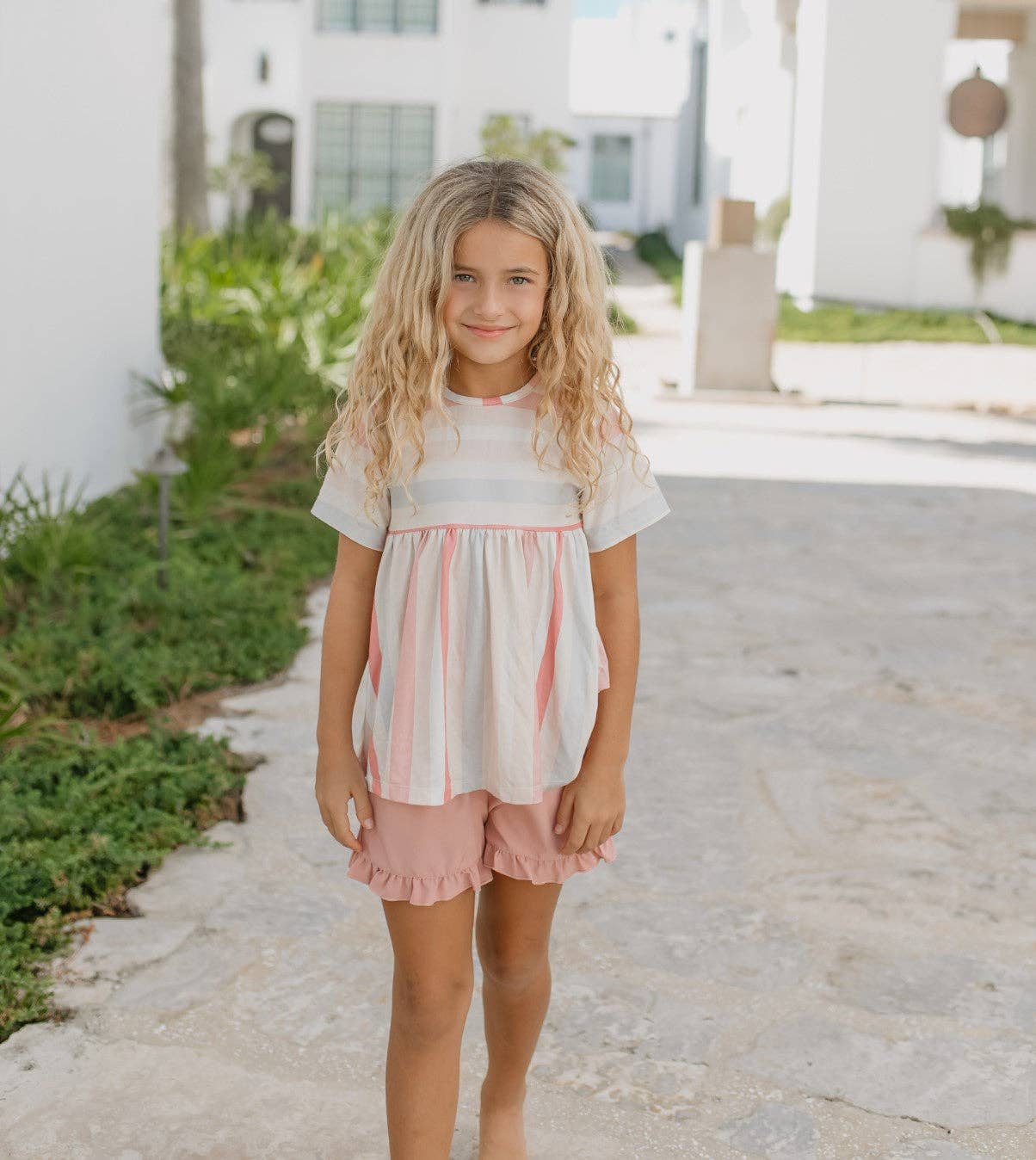 Kids Sand Blush Stripe Pocket Ruffle Short Set
