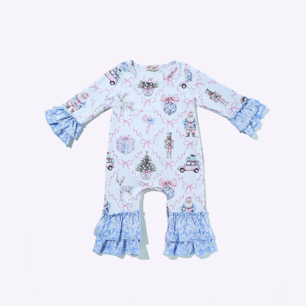 Blue Damask Christmas Baby Romper