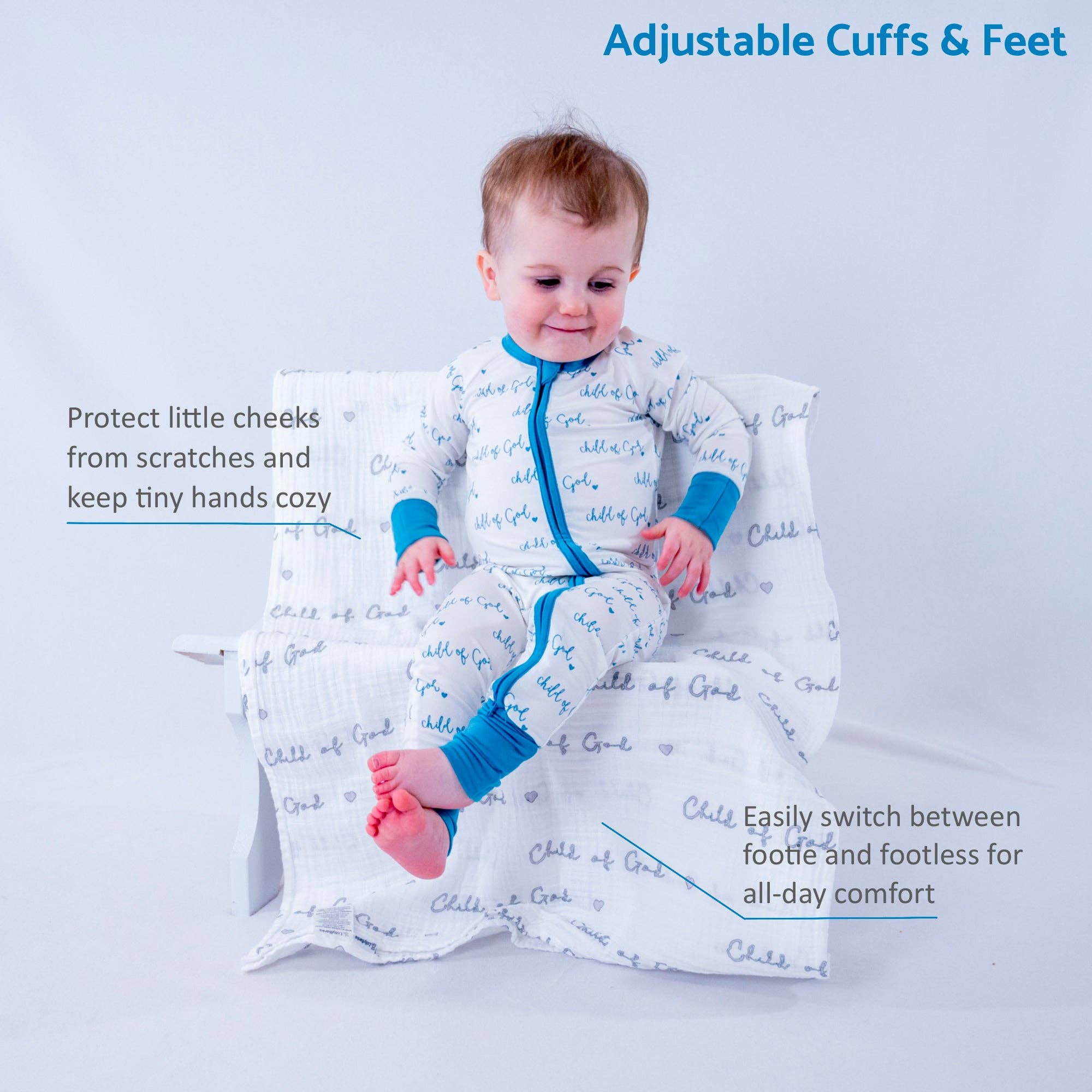 Bamboo Baby Convertible Zipper Pajama Blue Child of God.