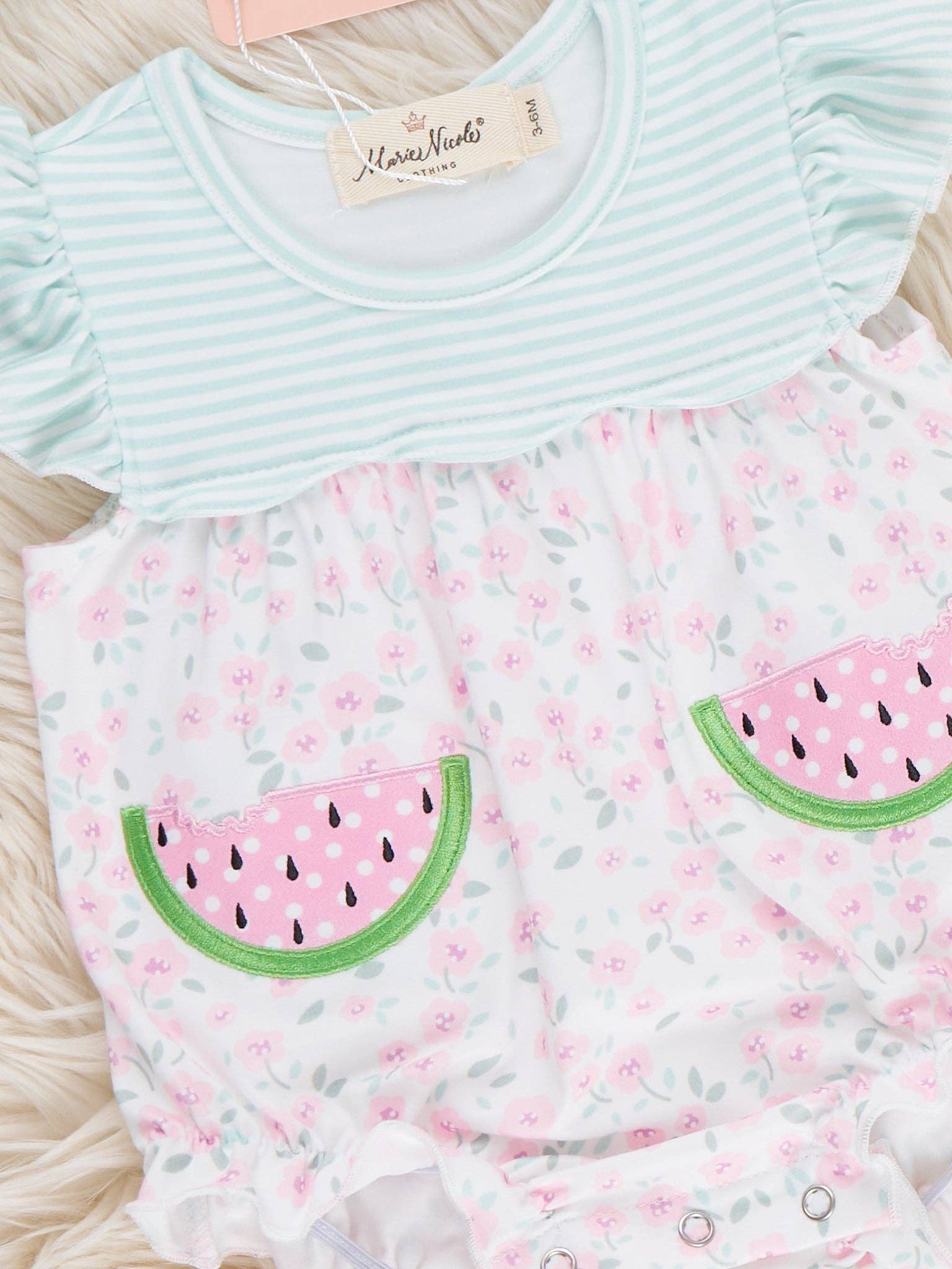 Little Melon Floral Embroidered Ruffle Bubble Romper