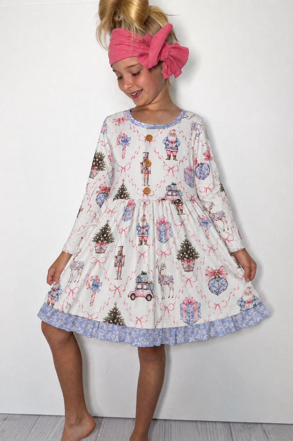 Blue Damask Christmas Girls Dress