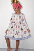 Blue Damask Christmas Girls Dress
