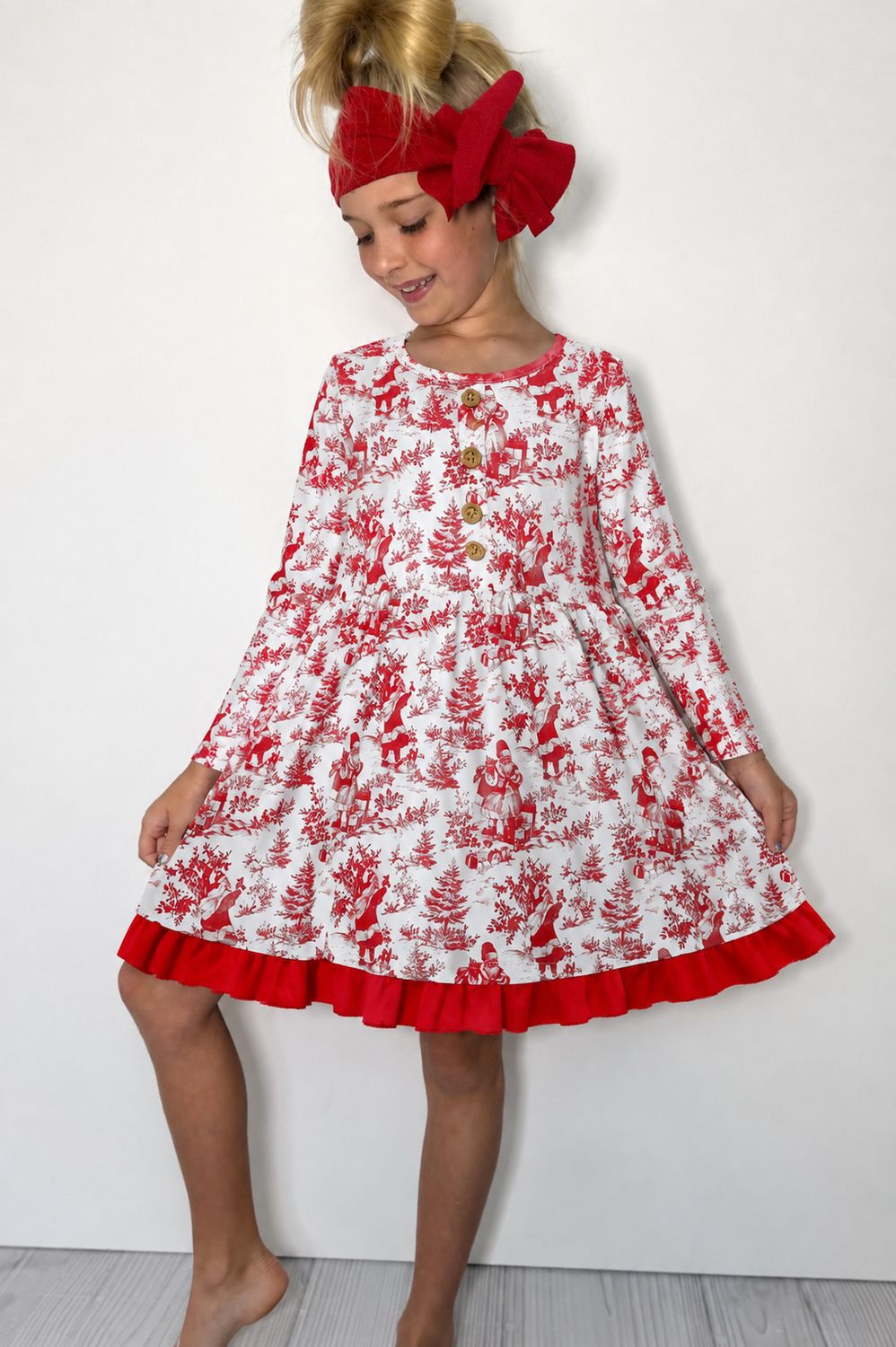 Red Christmas Toile Girls Dress