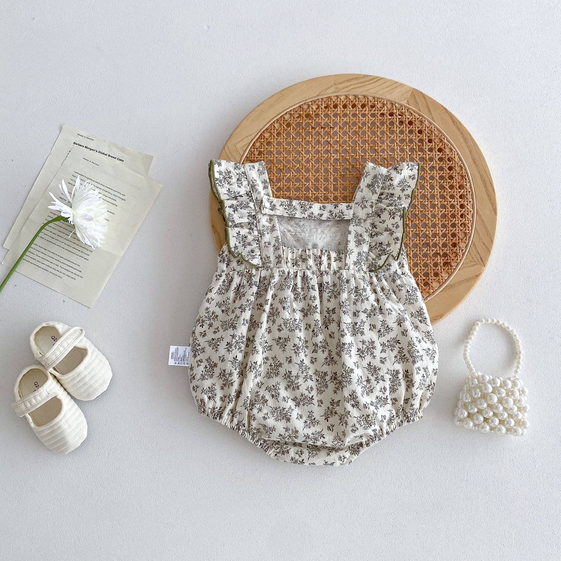Baby Girls Sleeveless Square Neck Biege Floral Print Bodysuit