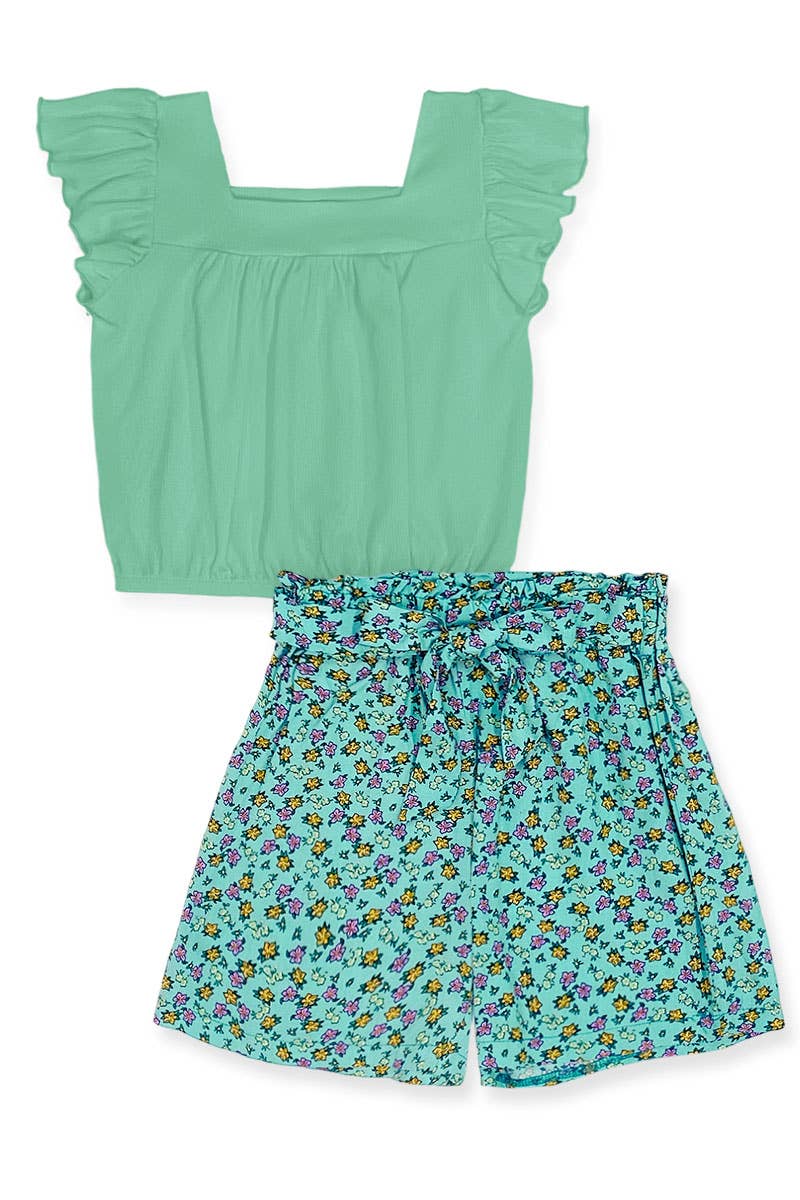 Girl's 2 pc Floral Short Set w/ Ribbed Top: Emerald/Teal Floral