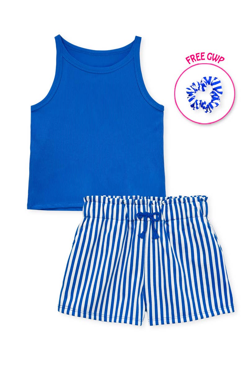 Girl's Stipe Short Set w/ Matching Scrunchie: Blue