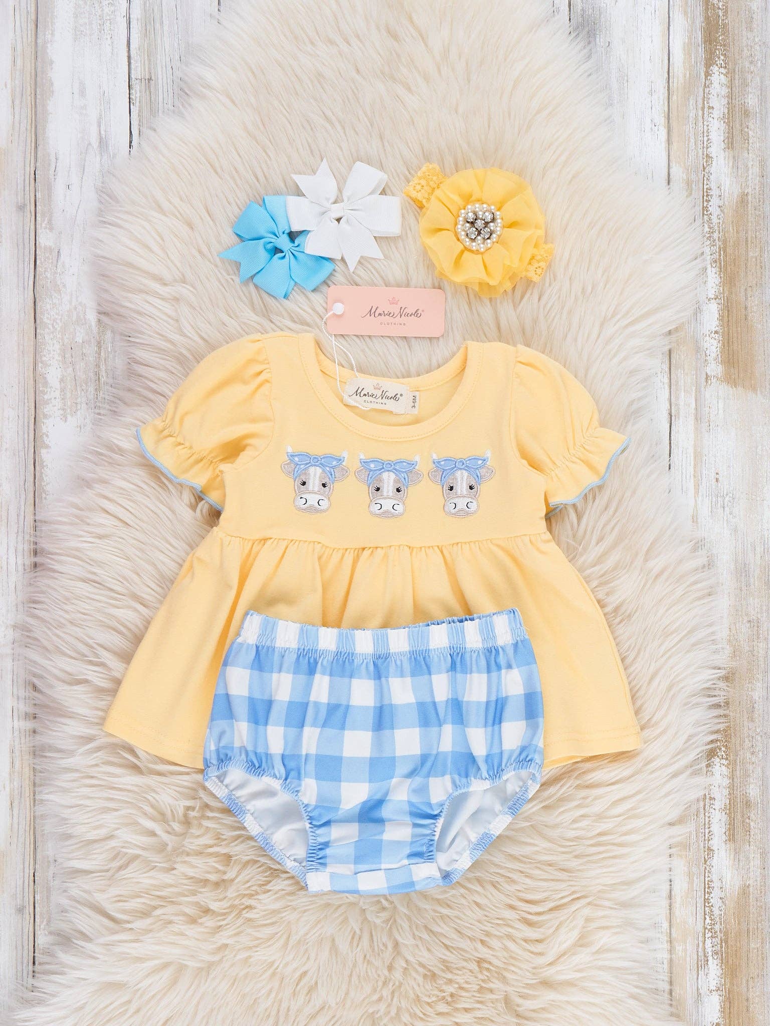 Embroidered Cows Gingham Bloomers Outfit
