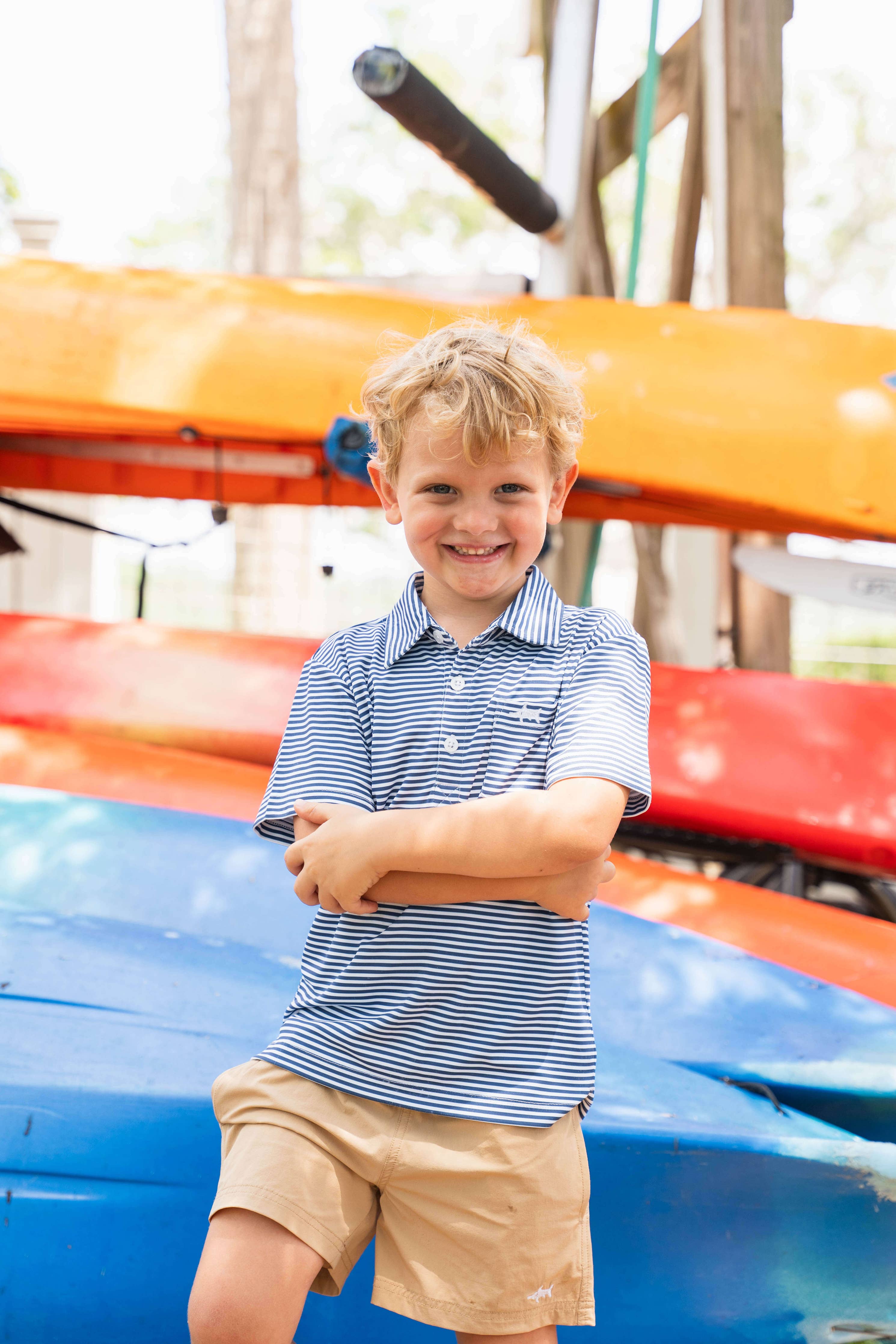 Navy Stripe  Inshore Boys Performance Polo