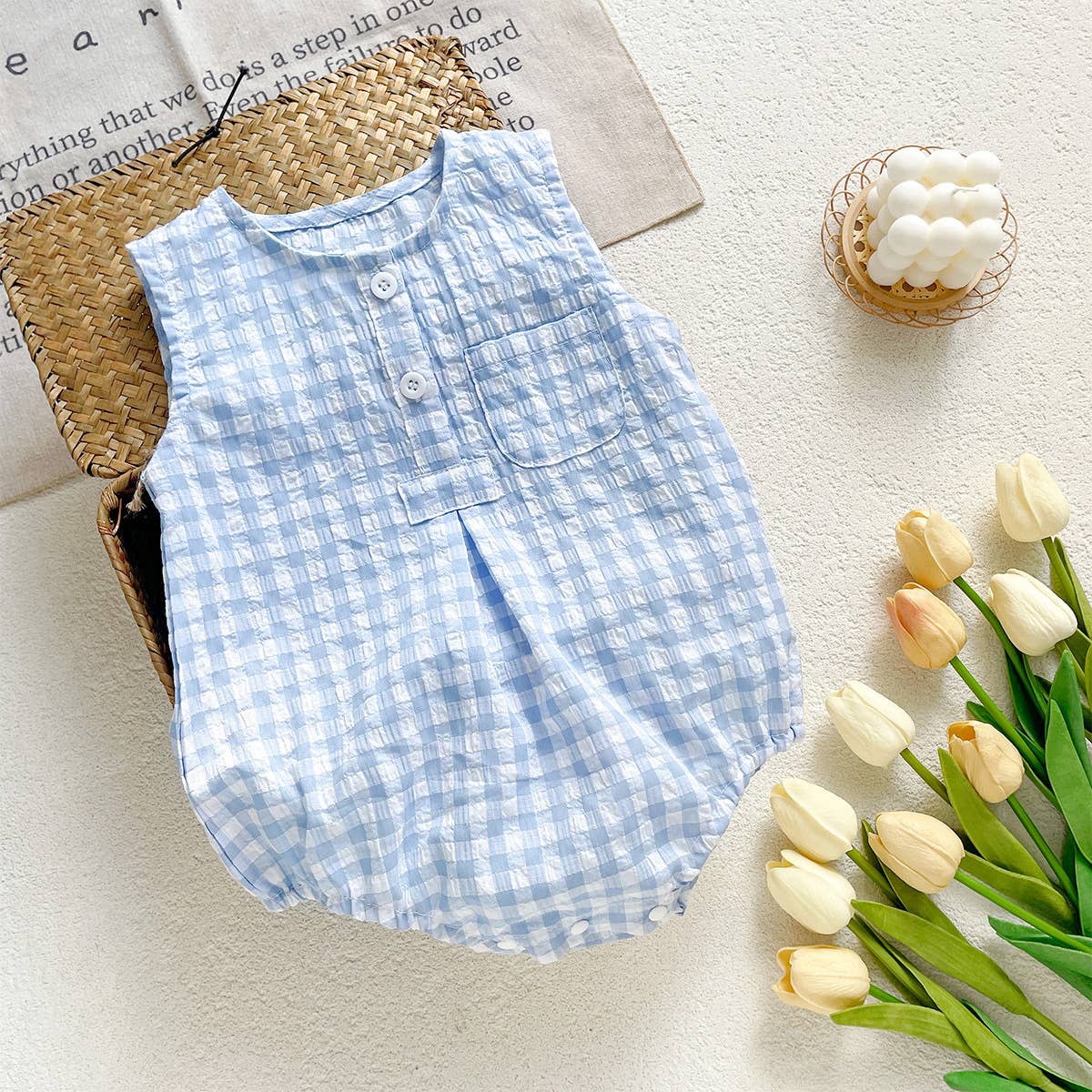 Light Blue and White Checkered Sleeveless Romper