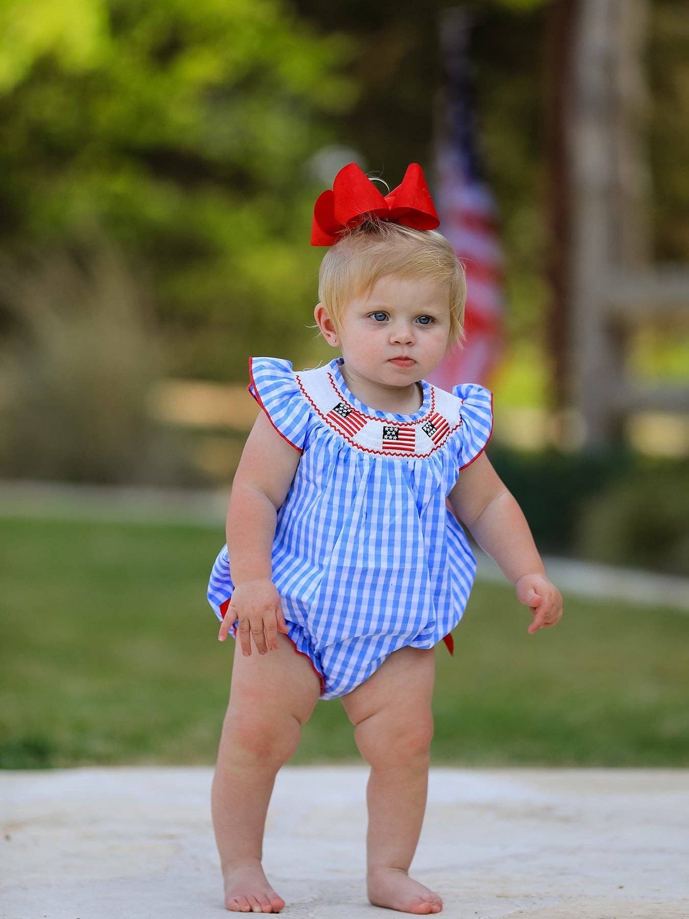 4th of July Flag Embroidery Smocking Girls Romper