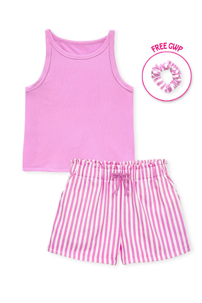 Girl's Stipe Short Set w/ Matching Scrunchie: Pink
