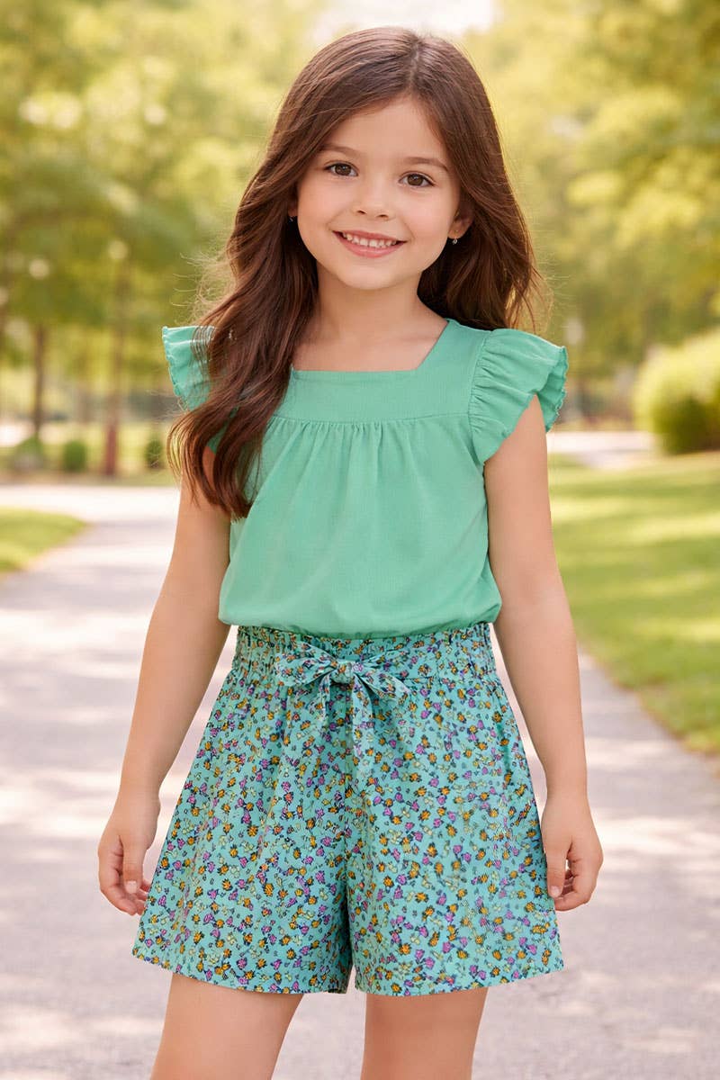 Girl's 2 pc Floral Short Set w/ Ribbed Top: Emerald/Teal Floral