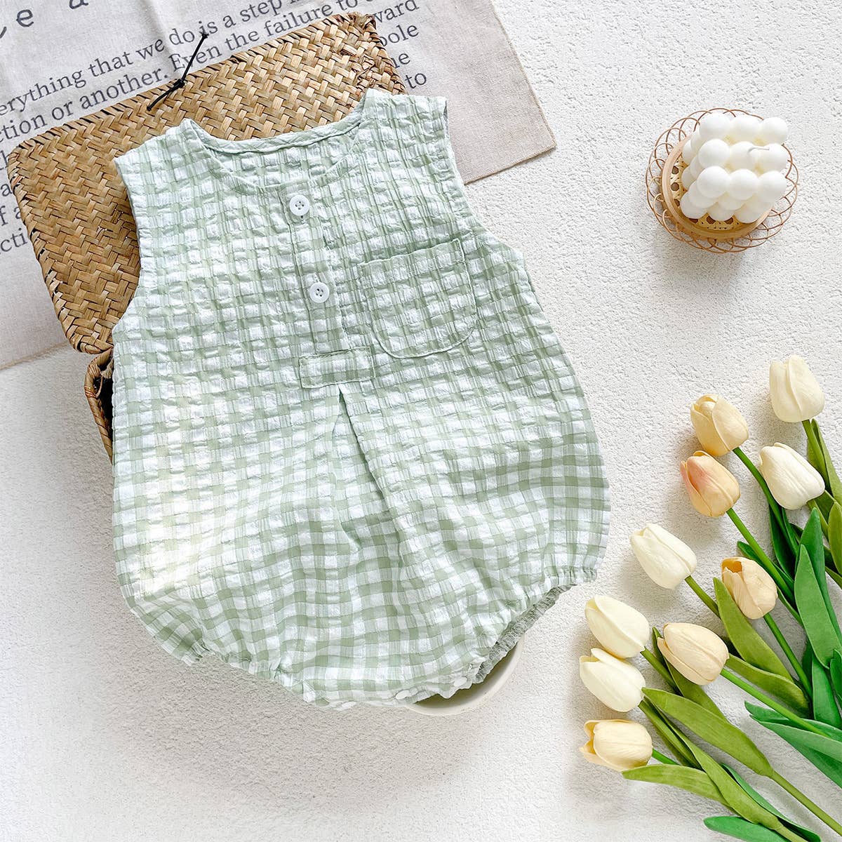 Green and White Checkered Sleeveless Romper