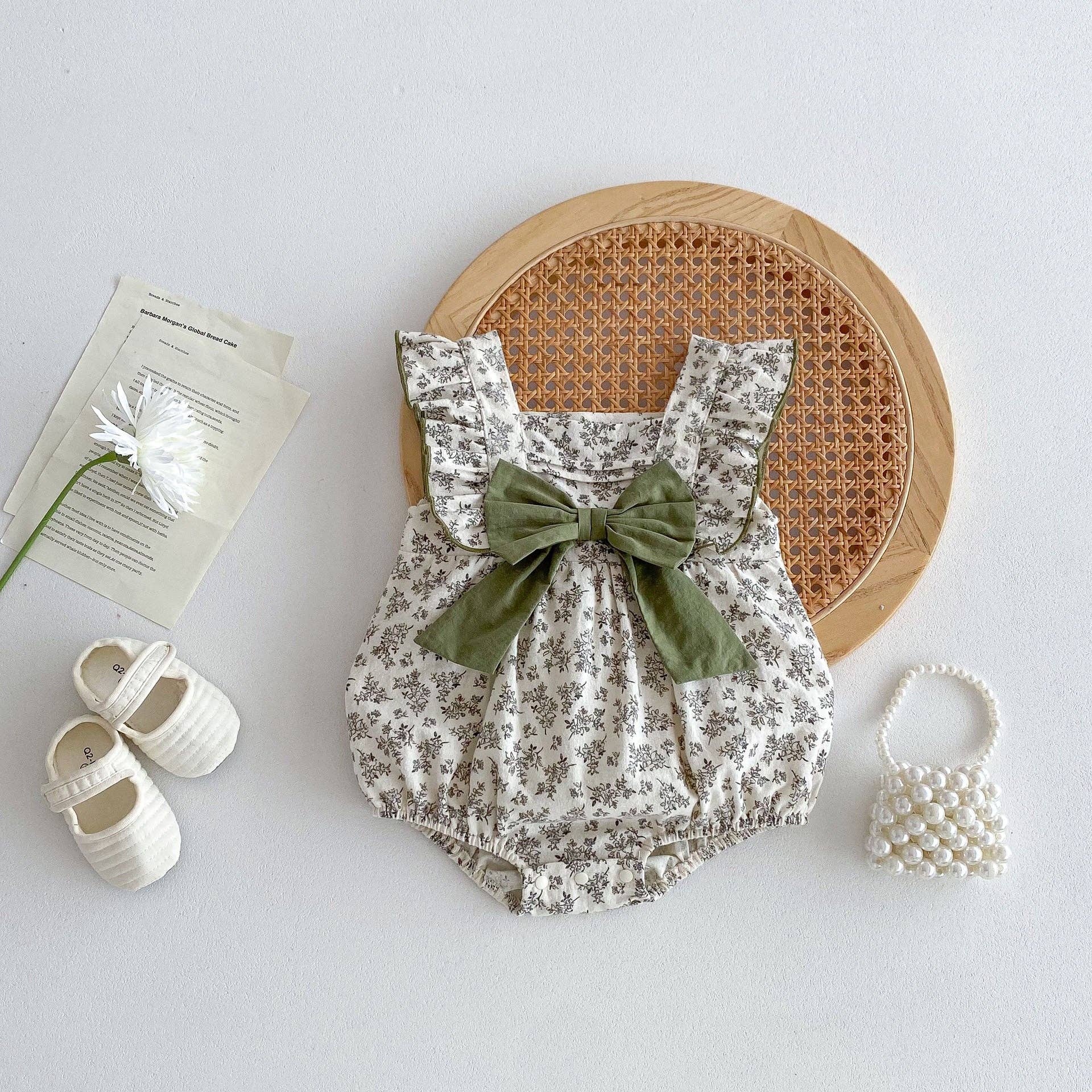 Baby Girls Sleeveless Square Neck Biege Floral Print Bodysuit