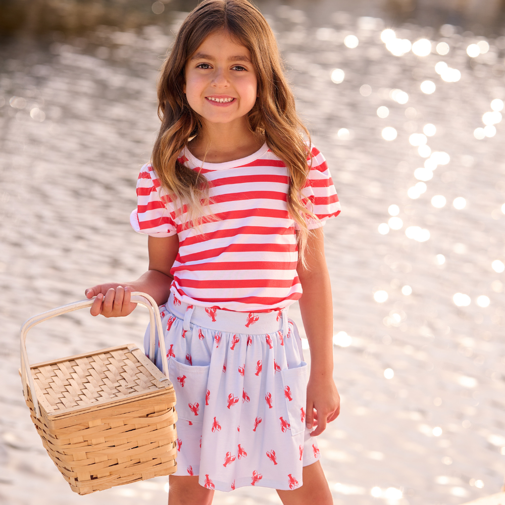 Red Stripe Girls Puff Sleeve Tee