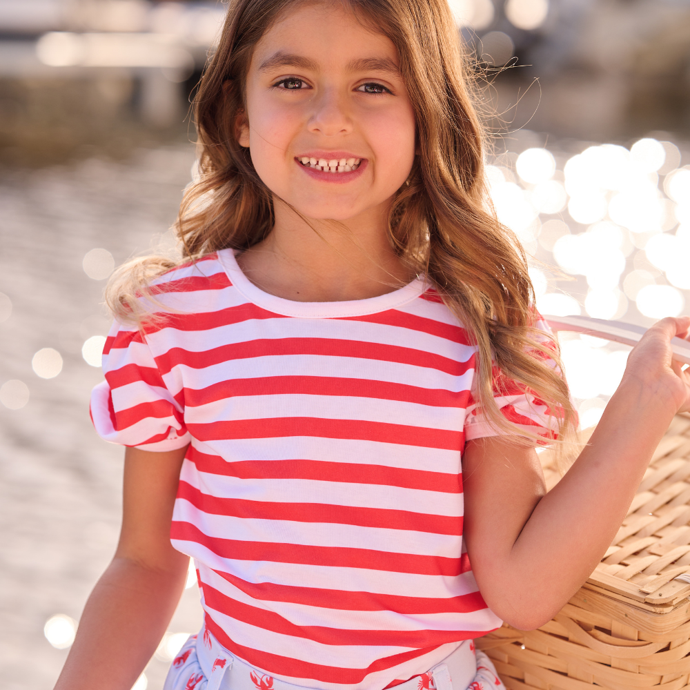 Red Stripe Girls Puff Sleeve Tee