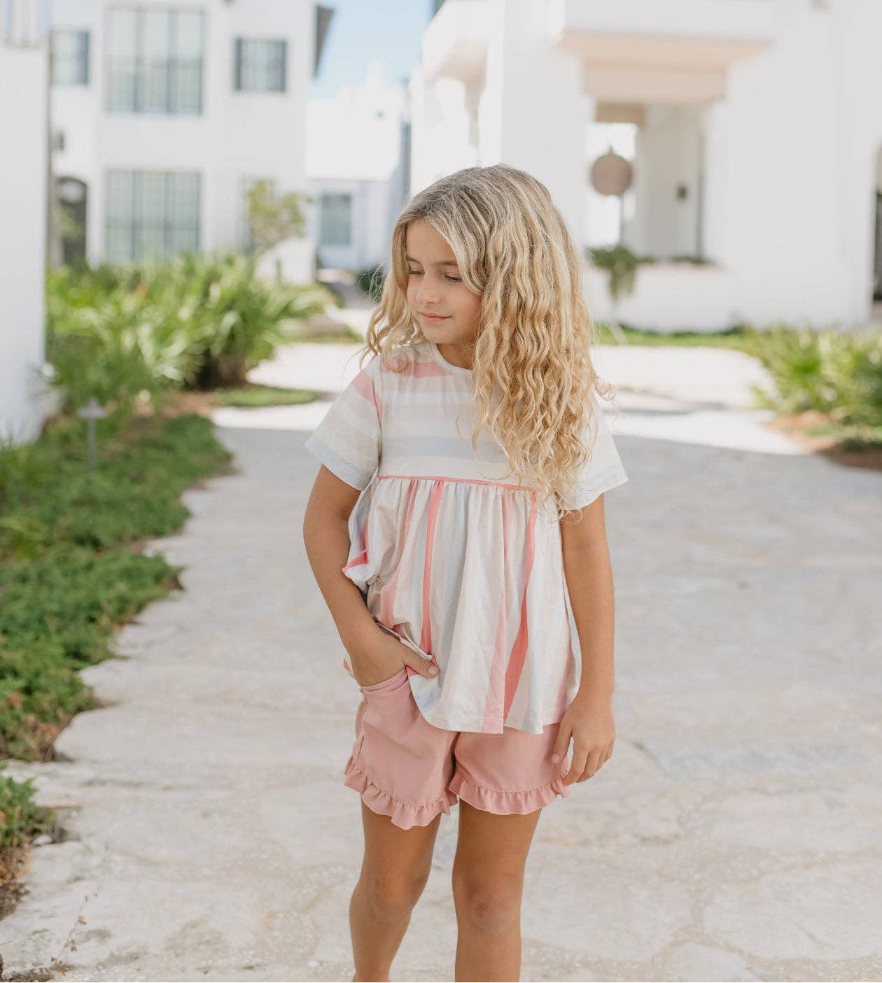 Kids Sand Blush Stripe Pocket Ruffle Short Set
