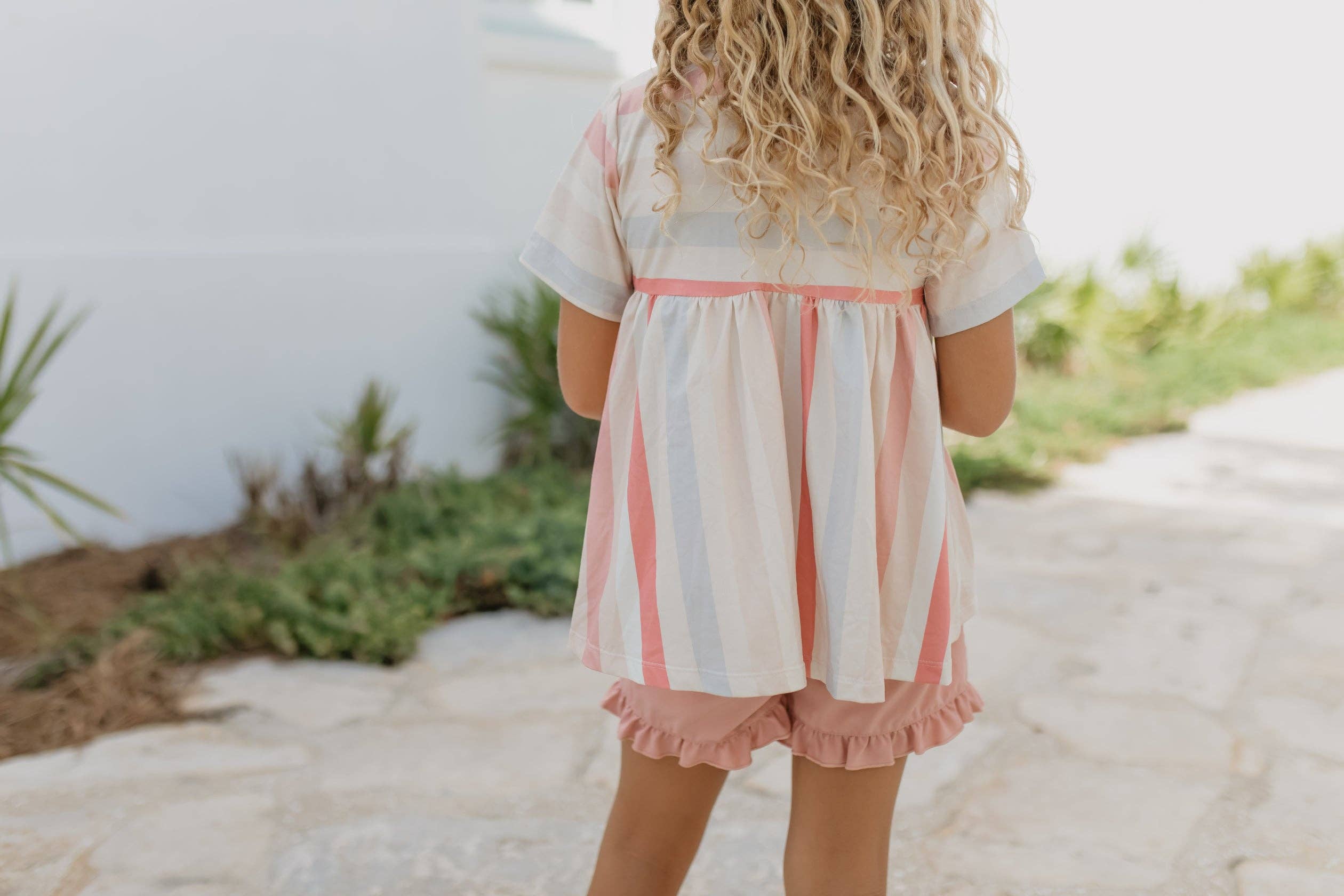 Kids Sand Blush Stripe Pocket Ruffle Short Set