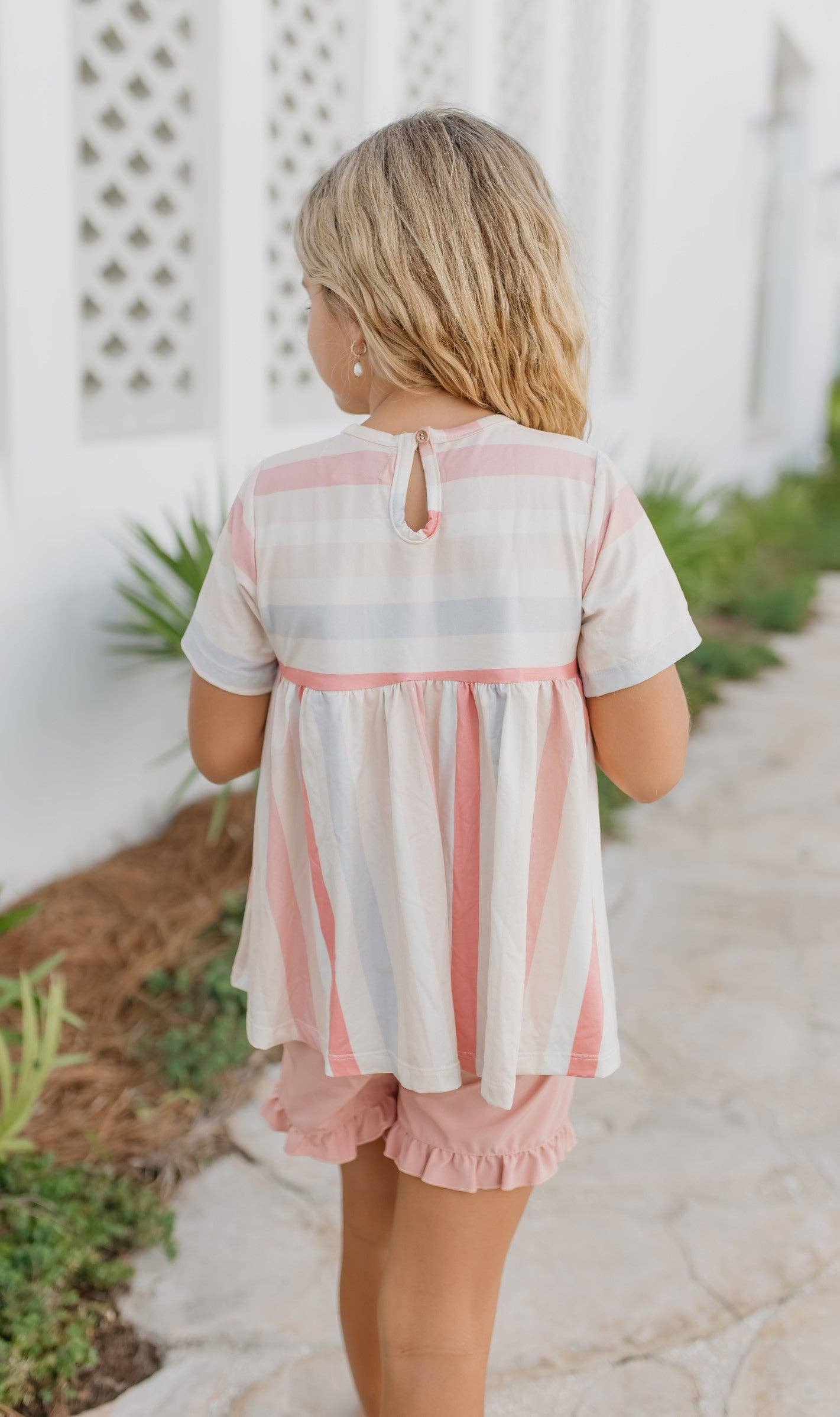 Kids Sand Blush Stripe Pocket Ruffle Short Set