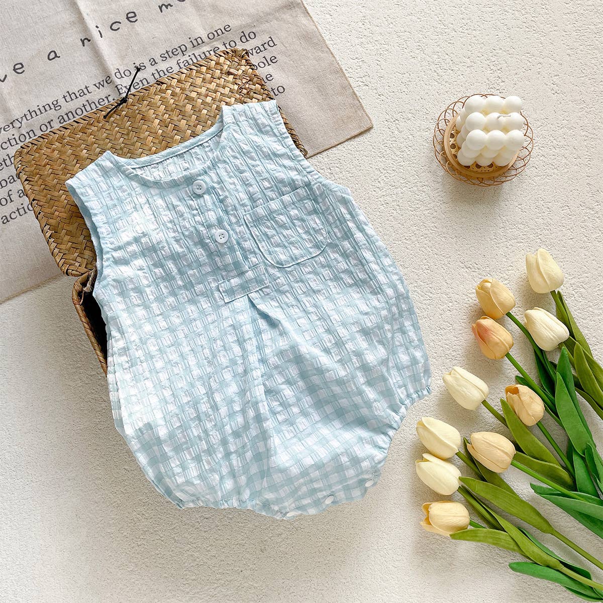 Light Blue and White Checkered Sleeveless Romper