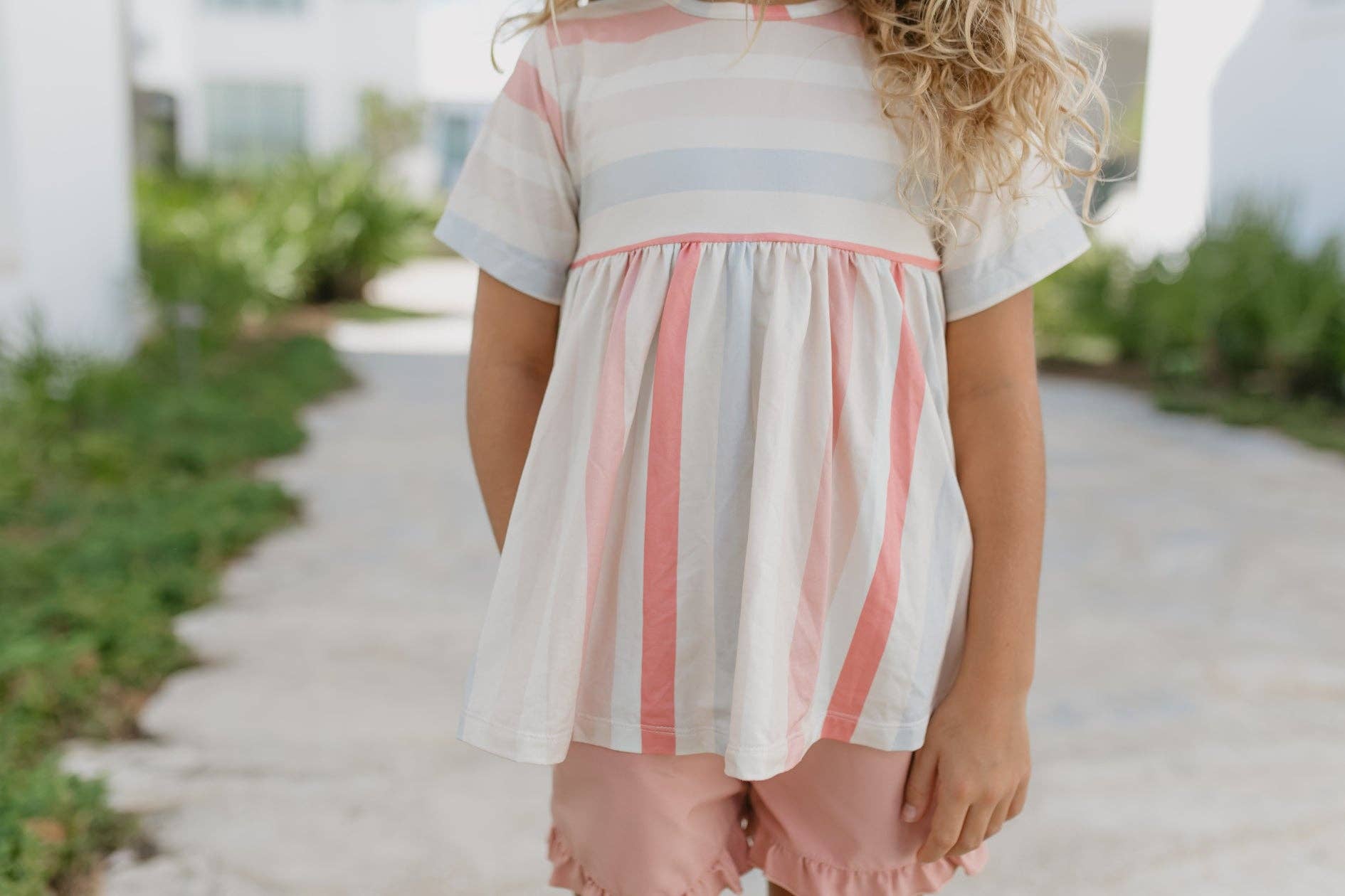 Kids Sand Blush Stripe Pocket Ruffle Short Set
