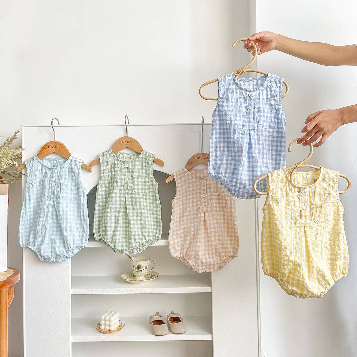 Green and White Checkered Sleeveless Romper