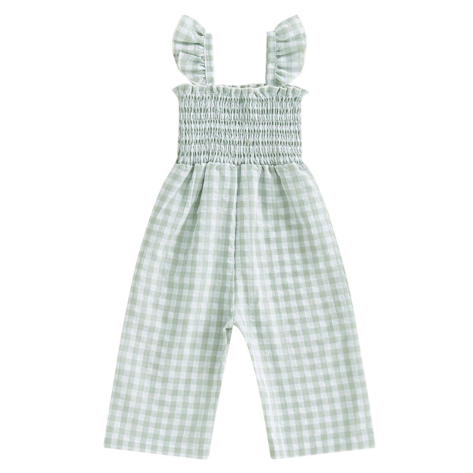 Baby Girls Green Short Flutter Sleeves Smocked Cotton Jumpsuit