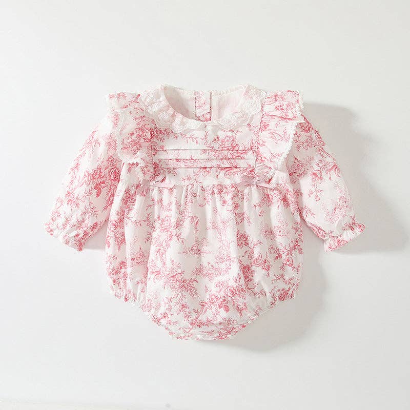 Baby Girls Pink Flower Pattern Lace-Trim Collar Bodysuit