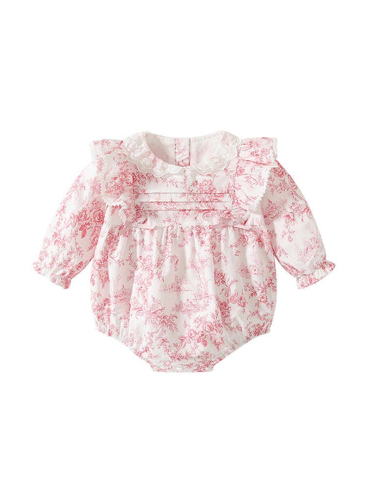 Baby Girls Pink Flower Pattern Lace-Trim Collar Bodysuit