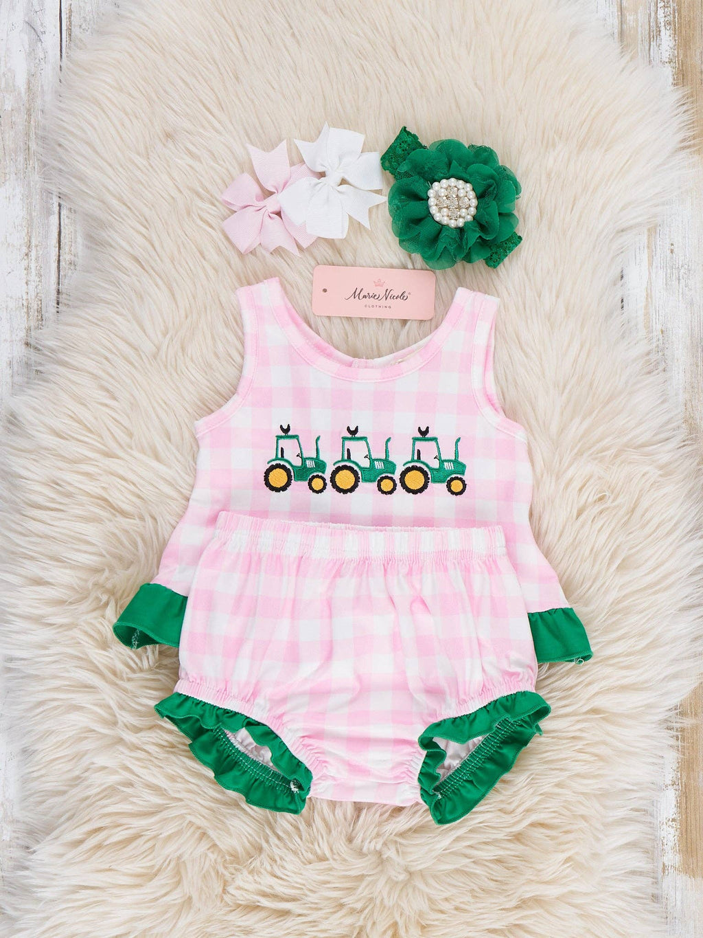 Little Farmer’s Fun Embroidered Plaid Bloomers Outfit